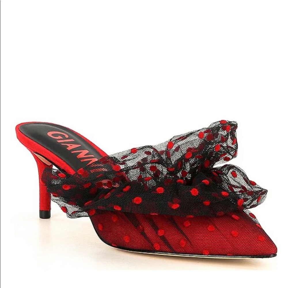 Gianni Bini Rossallio Ruffle Dotted Mesh Mules.
